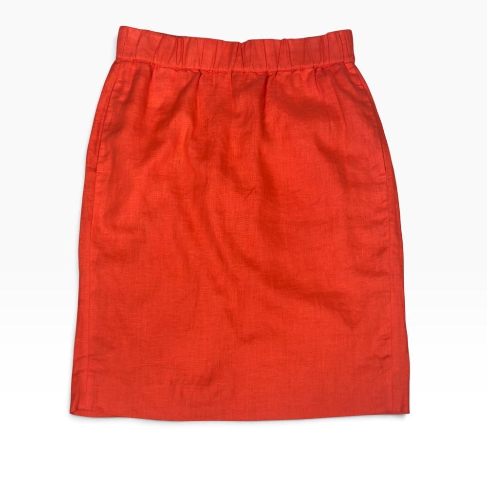 J.Crew Linen Skirt Women Tall Small Red Elastic Waist Pockets Knee Length Pencil